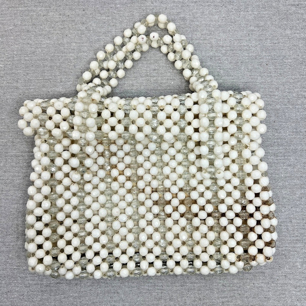 Vintage Hong Kong Clear/White Beaded Purse Double Handled‎ Handbag Handmade